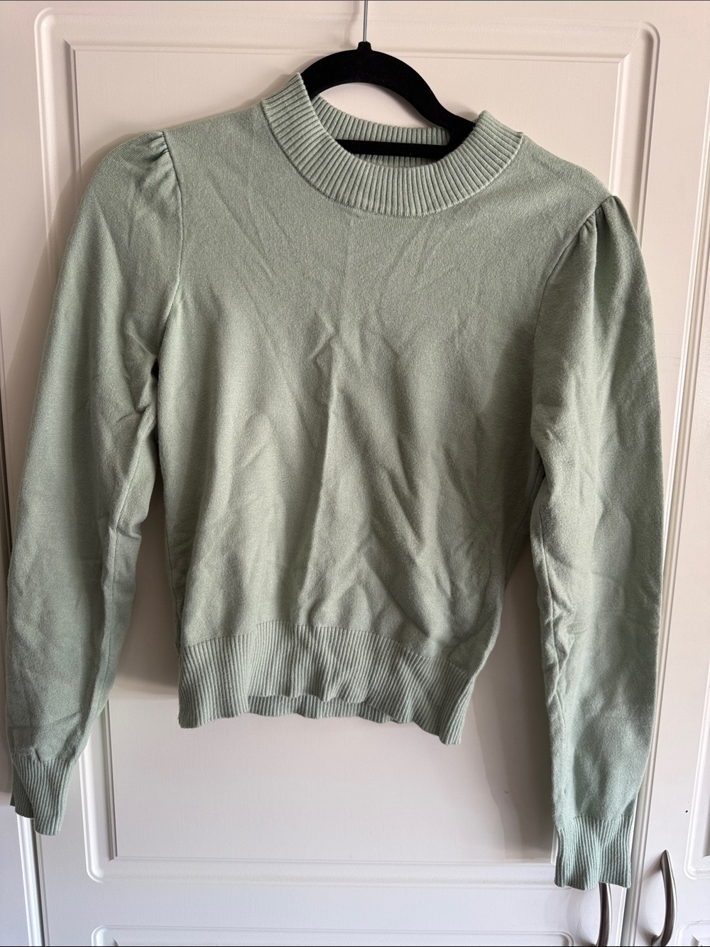 Light Sage Crewneck Sweater with Puff Shoulders